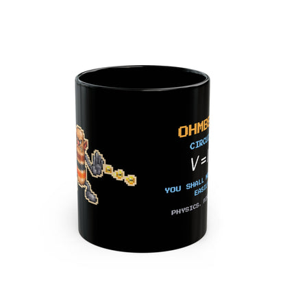 Ohmbert – Ohm’s Law pixel-art physics mug, black ceramic, view 1