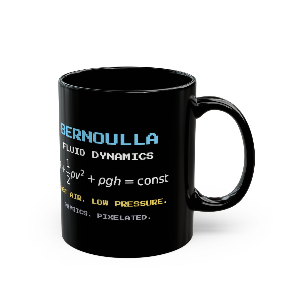 Bernoulla – Bernoulli’s Principle pixel-art physics mug, black ceramic, view 3