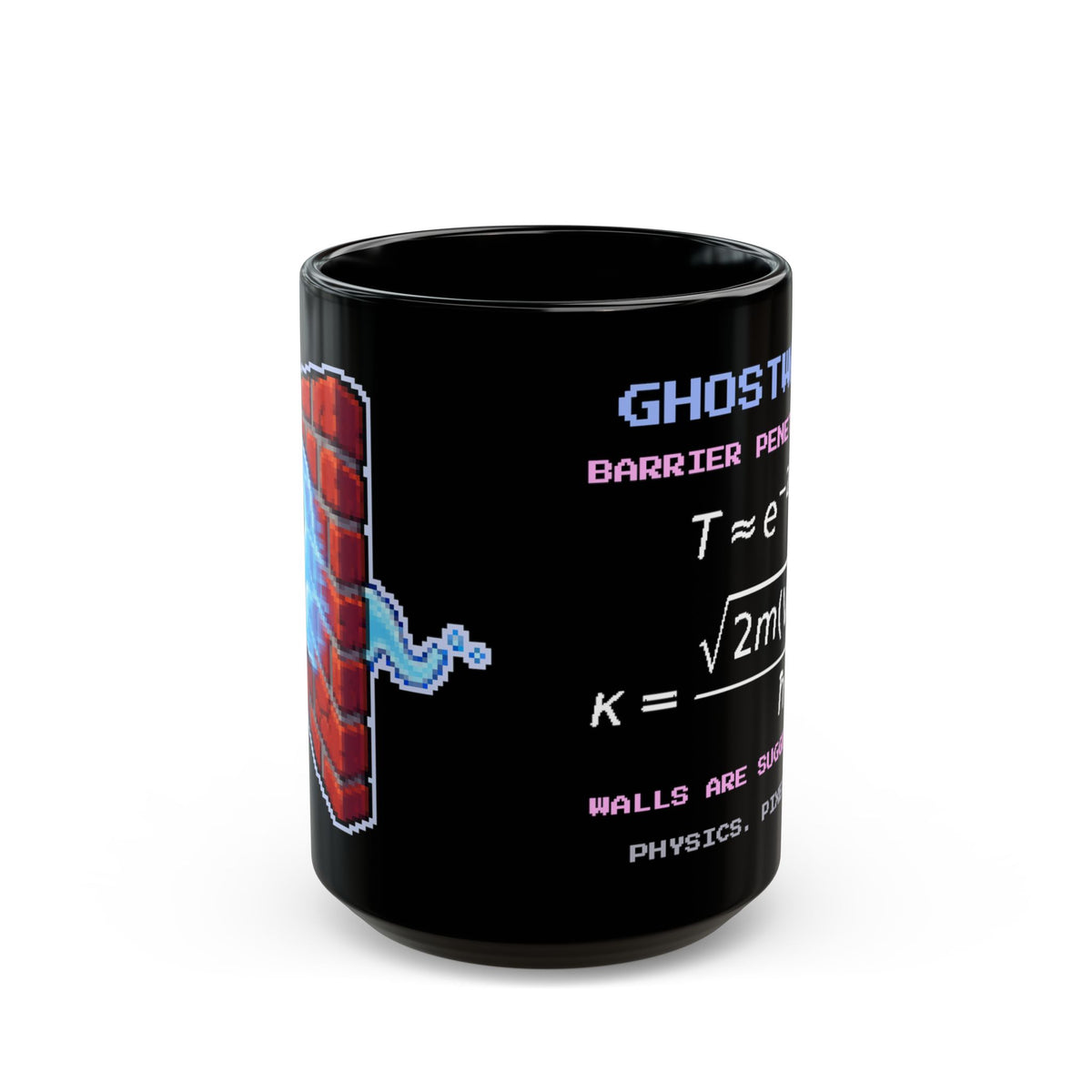 Ghostwall – Quantum Tunnelling pixel-art physics mug, black ceramic, view 2