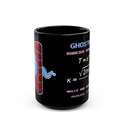 Ghostwall – Quantum Tunnelling pixel-art physics mug, black ceramic, view 2