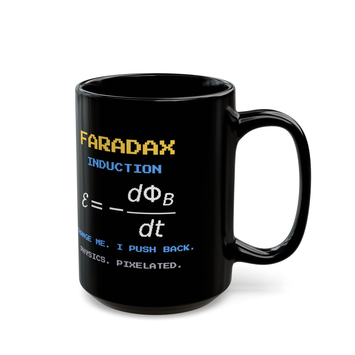 Faradax – Faraday’s Law pixel-art physics mug, black ceramic, view 6