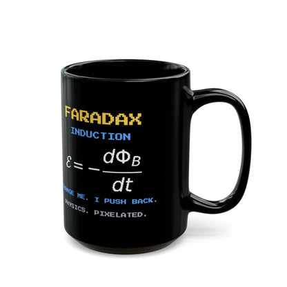 Faradax – Faraday’s Law pixel-art physics mug, black ceramic, view 6