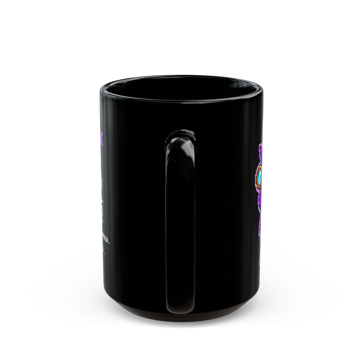 Fuzzwick – Uncertainty Principle pixel-art physics mug, black ceramic, view 8