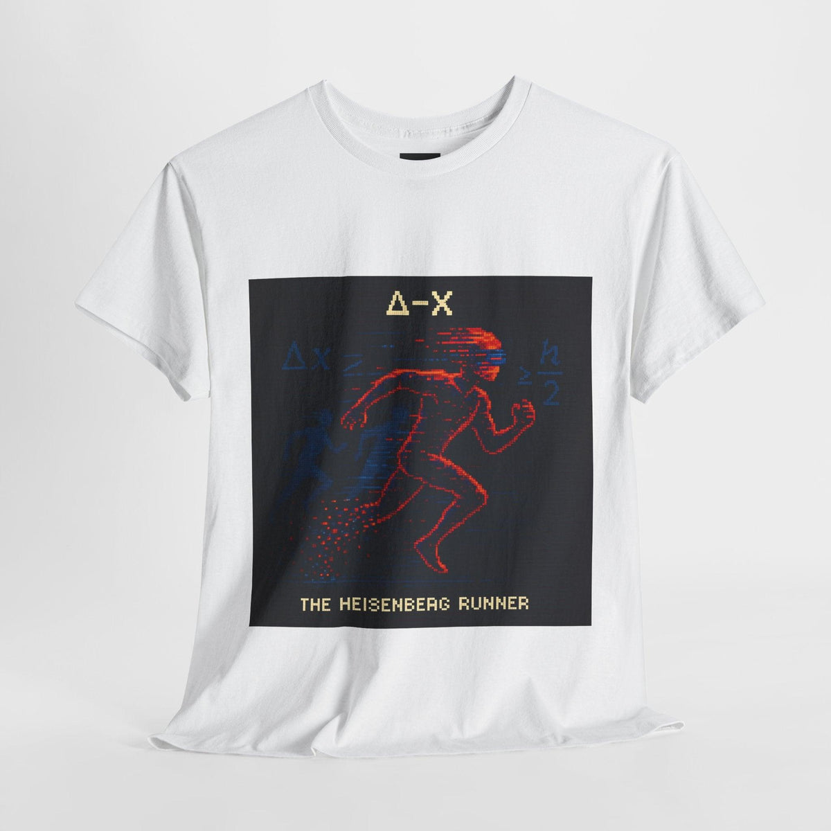 White Δ-X physics T-shirt, pixel-art Heisenberg uncertainty design, front view