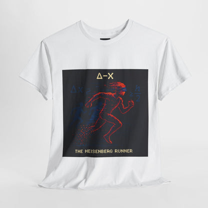 White Δ-X physics T-shirt, pixel-art Heisenberg uncertainty design, front view