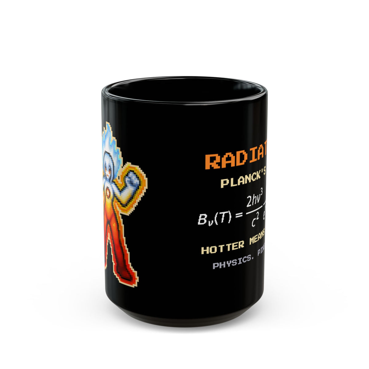 Radiatrix – Blackbody Radiation pixel-art physics mug, black ceramic, view 2