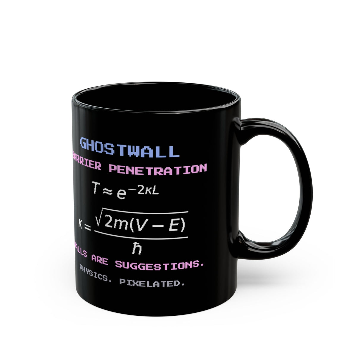 Ghostwall – Quantum Tunnelling pixel-art physics mug, black ceramic, view 3