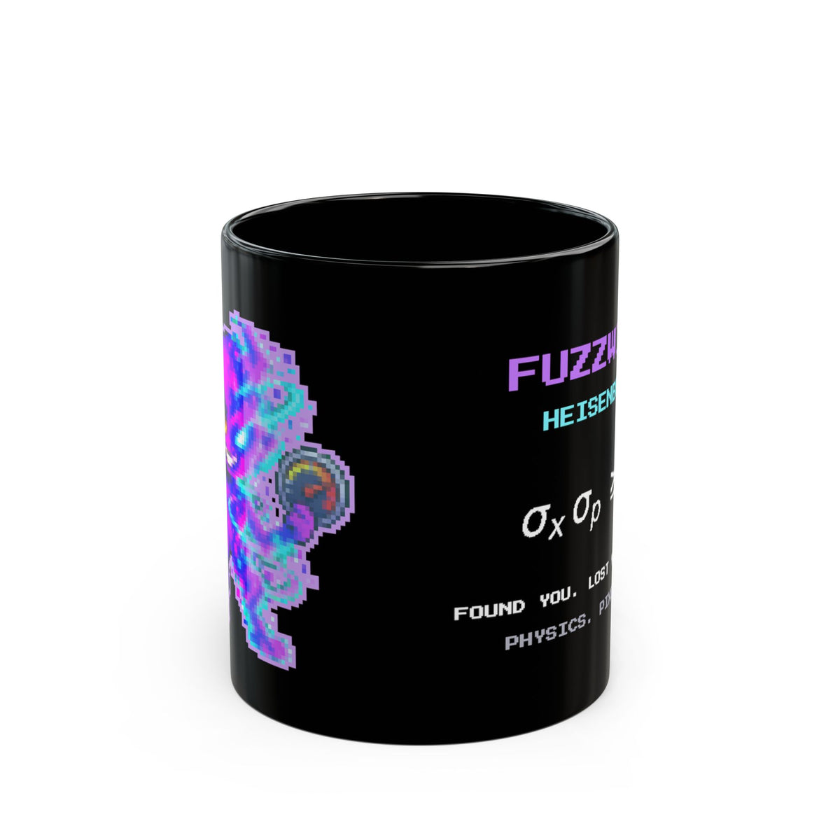 Fuzzwick – Uncertainty Principle pixel-art physics mug, black ceramic, view 1