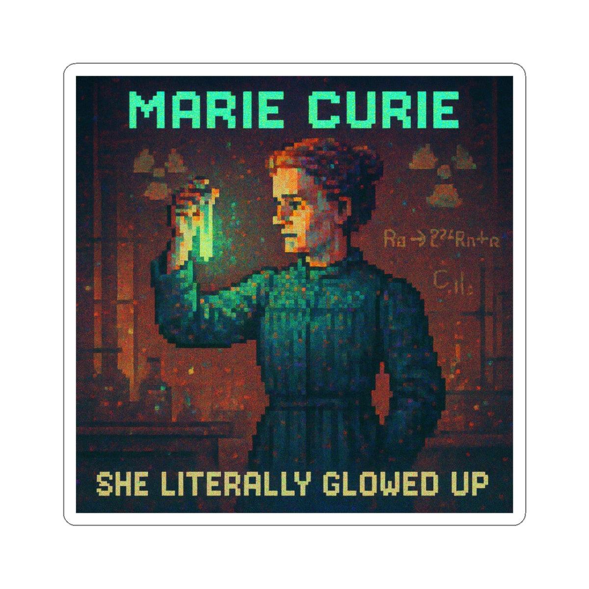 Marie Curie pixel-art physics sticker – radioactivity