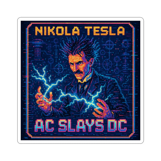 Nikola Tesla Sticker – AC Slays DC Pixel Art | Physics Sticker - PixelatedPhysics