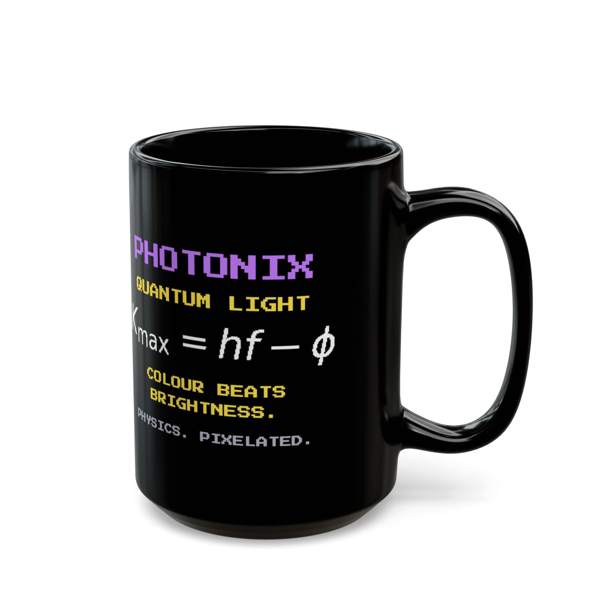 Photonix – Photoelectric Effect pixel-art physics mug, black ceramic, view 6