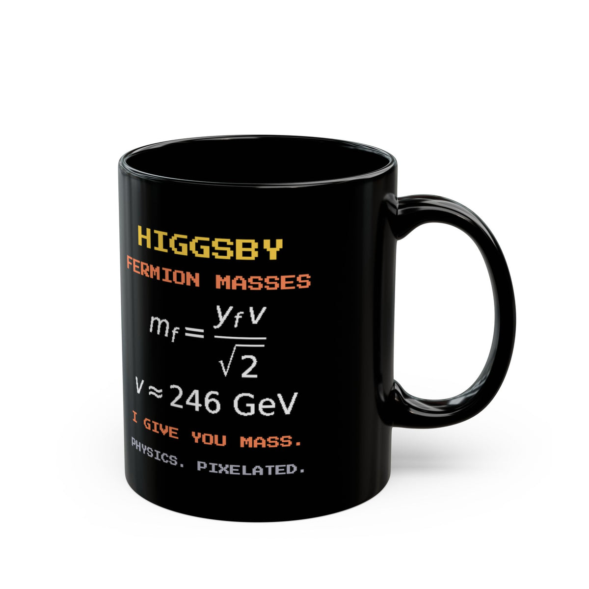 Higgsby – Higgs Mechanism pixel-art physics mug, black ceramic, view 3