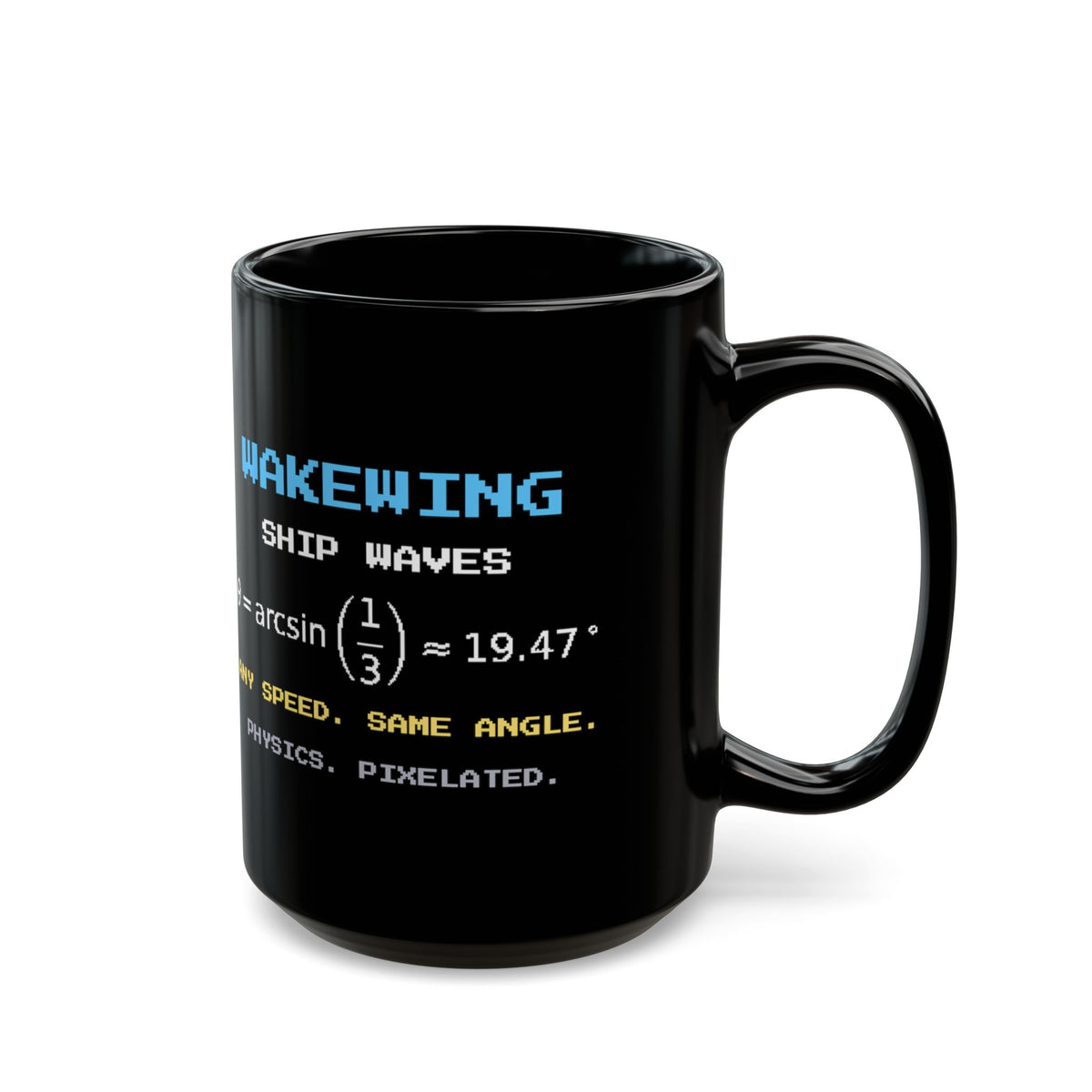 Wakewing – Kelvin Wake pixel-art physics mug, black ceramic, view 6
