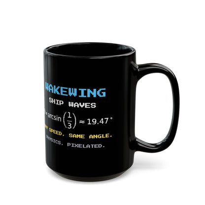 Wakewing – Kelvin Wake pixel-art physics mug, black ceramic, view 6
