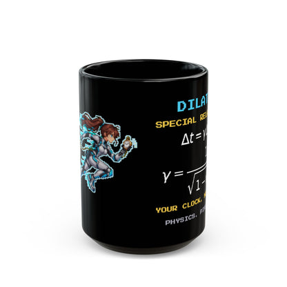 Dilatia – Time Dilation pixel-art physics mug, black ceramic, view 2