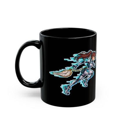 Dilatia – Time Dilation pixel-art physics mug, black ceramic, view 4