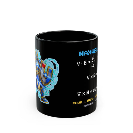 Maxwellion – Maxwell’s Equations pixel-art physics mug, black ceramic, view 1