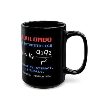 Coulombo – Coulomb’s Law pixel-art physics mug, black ceramic, view 6