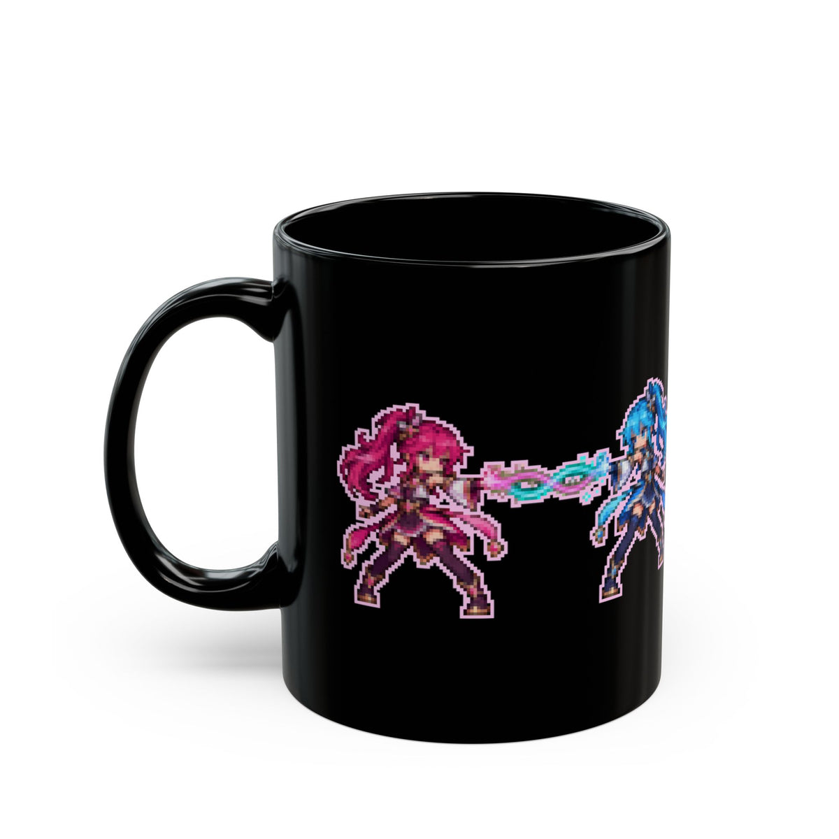 Entangla & Entanglo – Quantum Entanglement pixel-art physics mug, black ceramic, view 4