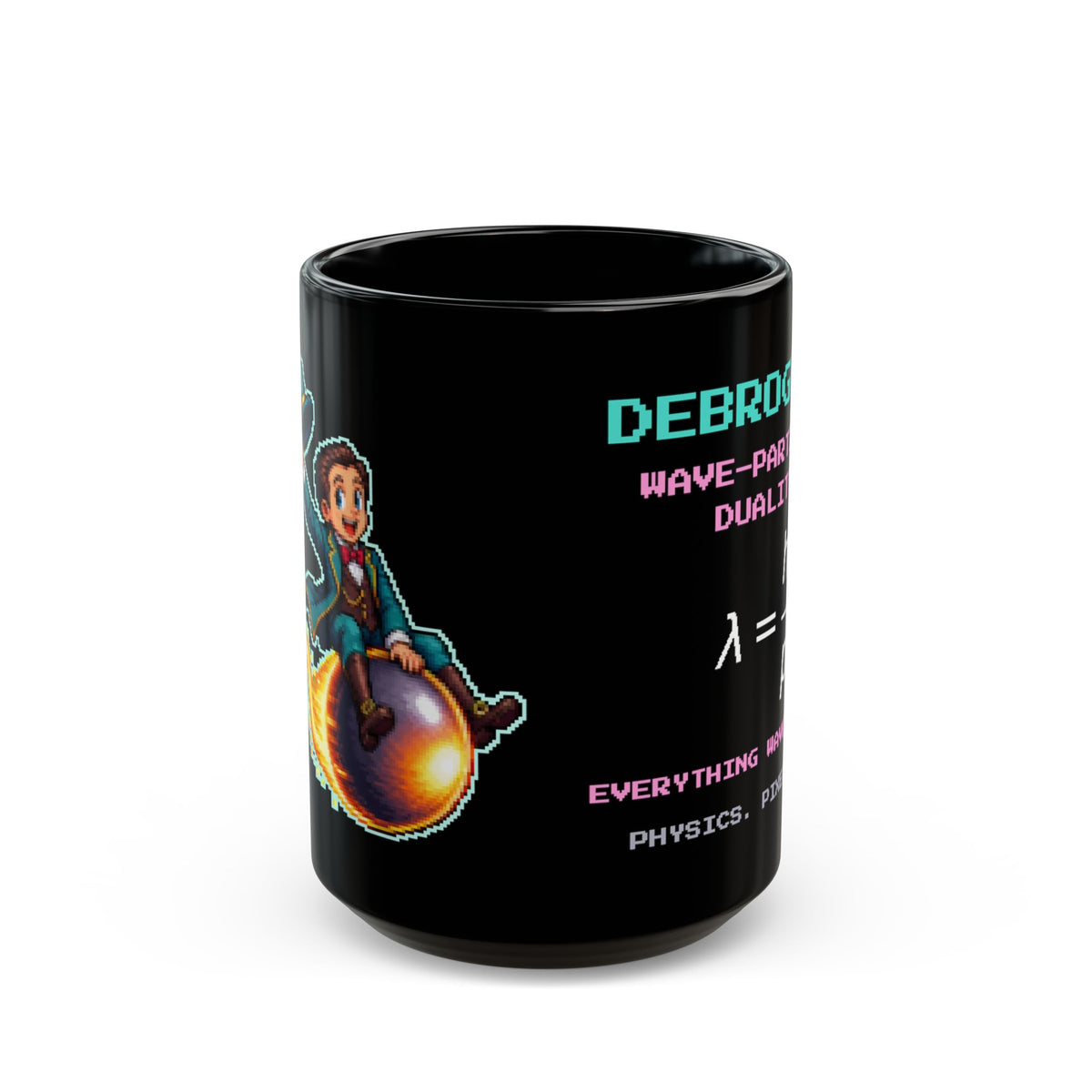 Debroglio – Matter Waves pixel-art physics mug, black ceramic, view 2