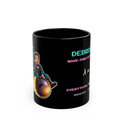 Debroglio – Matter Waves pixel-art physics mug, black ceramic, view 1