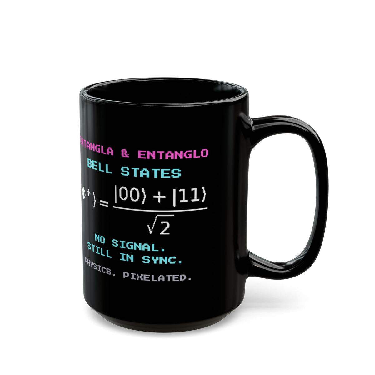 Entangla & Entanglo – Quantum Entanglement pixel-art physics mug, black ceramic, view 6