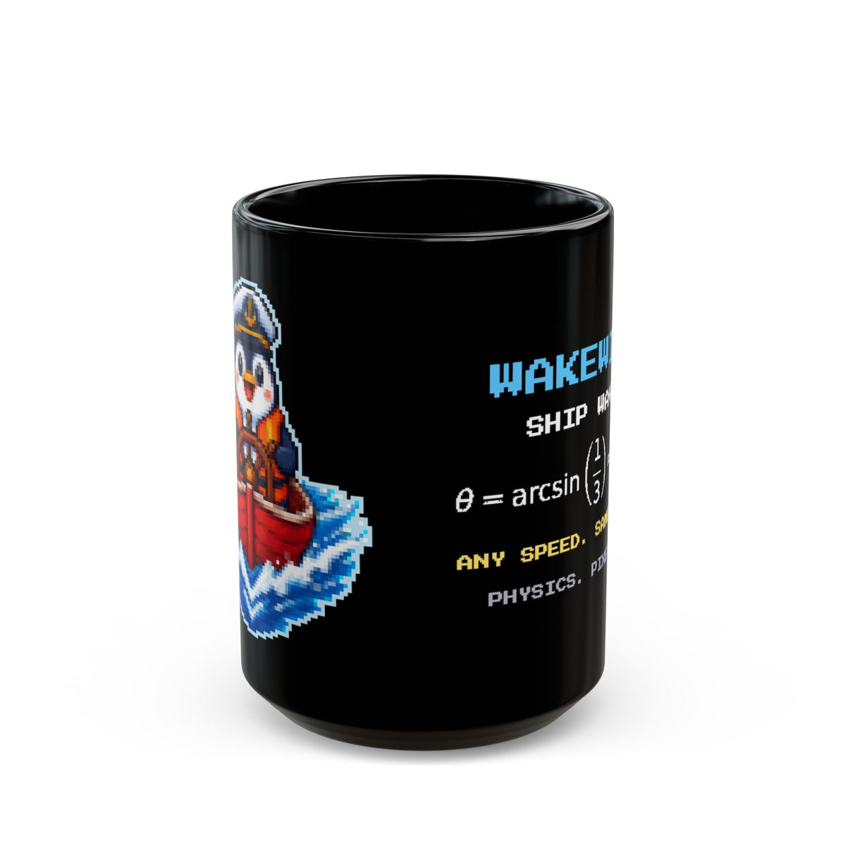 Wakewing – Kelvin Wake pixel-art physics mug, black ceramic, view 2