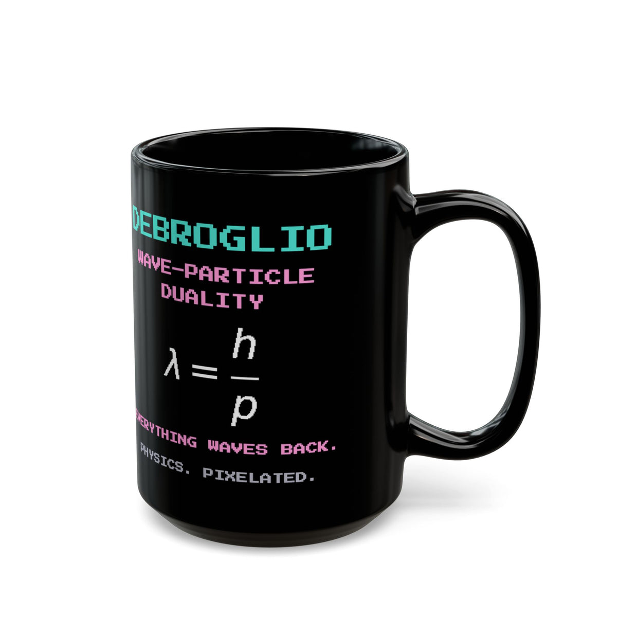 Debroglio – Matter Waves pixel-art physics mug, black ceramic, view 6