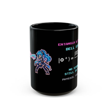 Entangla & Entanglo – Quantum Entanglement pixel-art physics mug, black ceramic, view 2