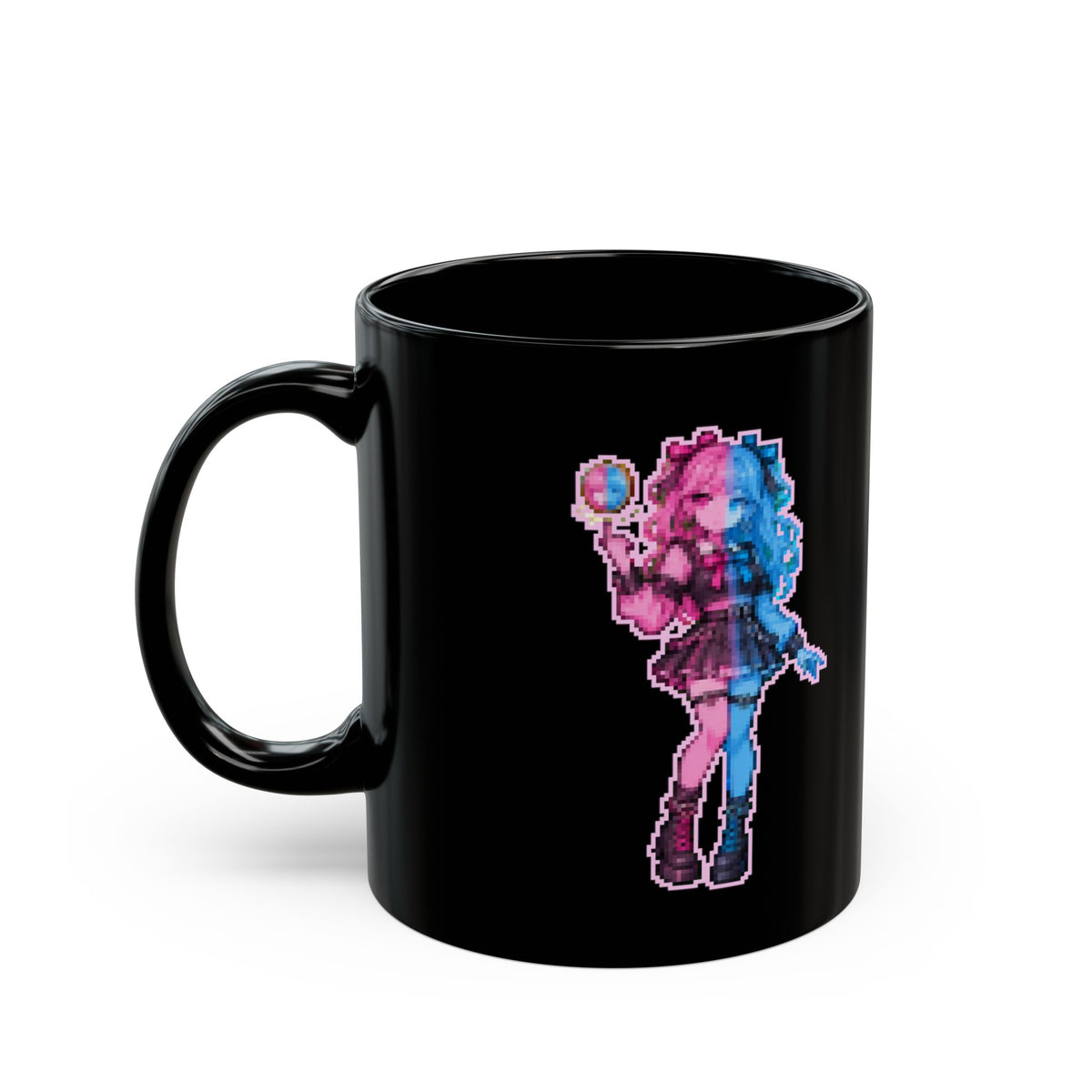 Qubitta – Quantum Superposition pixel-art physics mug, black ceramic, view 4