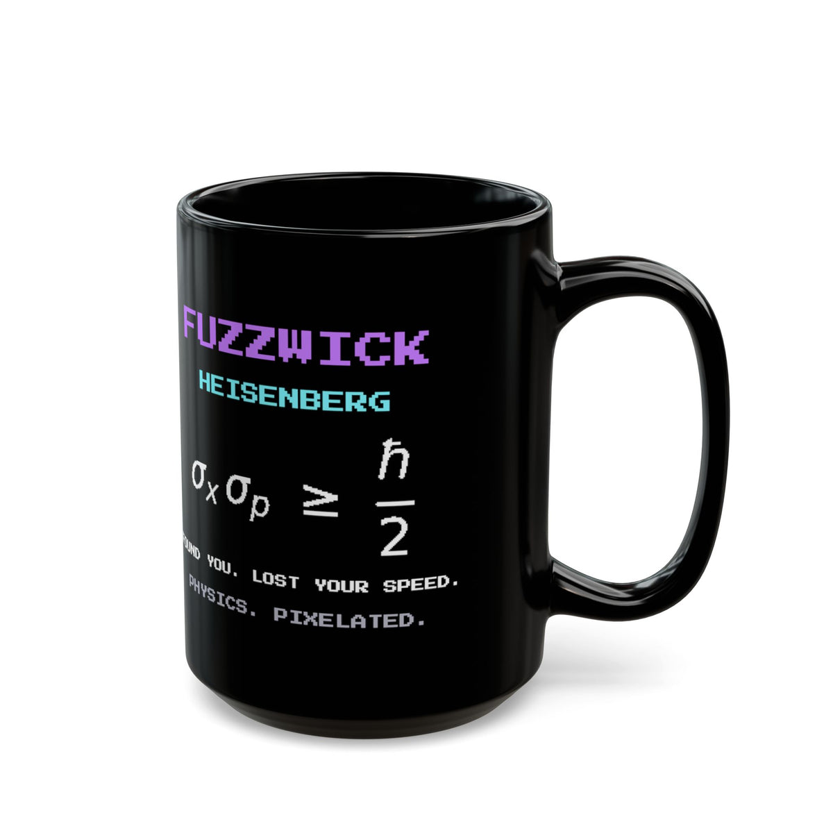 Fuzzwick – Uncertainty Principle pixel-art physics mug, black ceramic, view 6