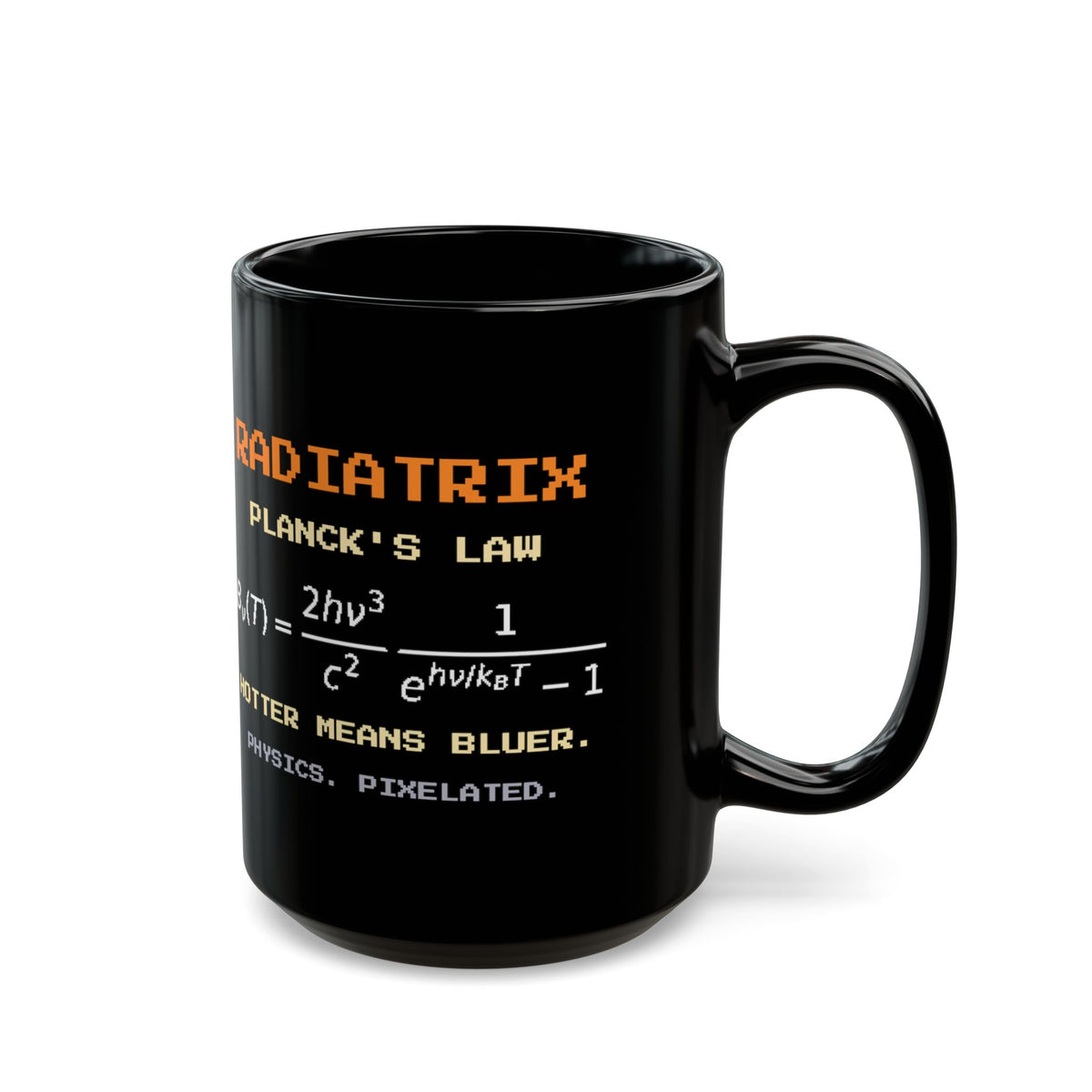 Radiatrix – Blackbody Radiation pixel-art physics mug, black ceramic, view 6