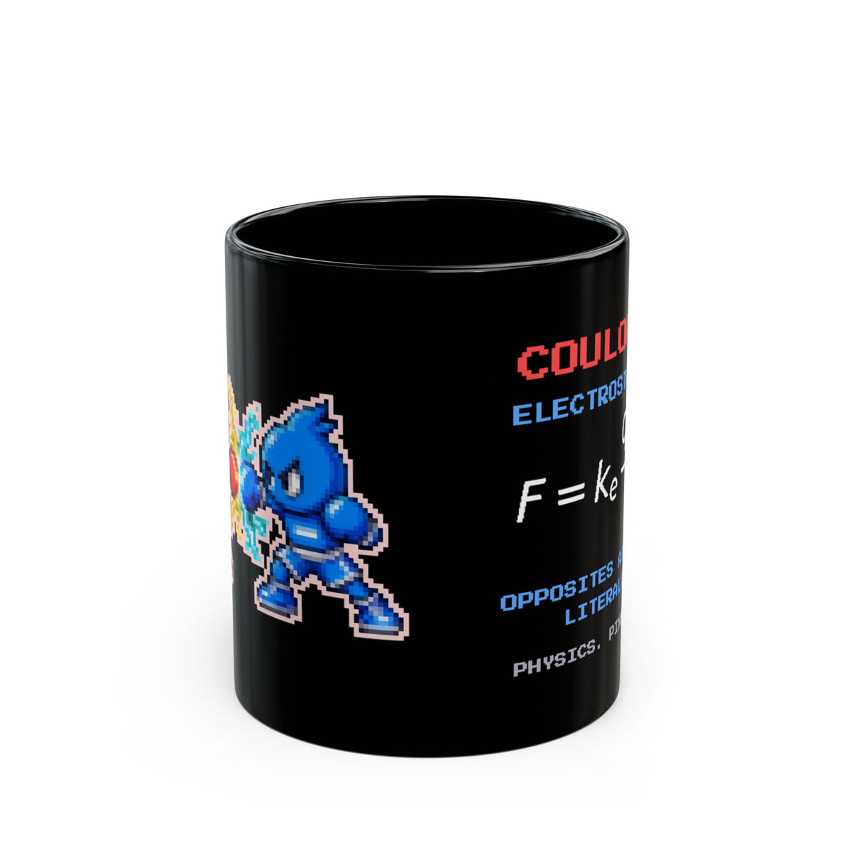 Coulombo – Coulomb’s Law pixel-art physics mug, black ceramic, view 1