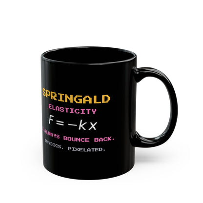 Springald – Hooke’s Law pixel-art physics mug, black ceramic, view 3