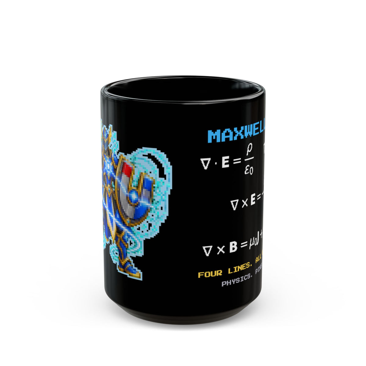 Maxwellion – Maxwell’s Equations pixel-art physics mug, black ceramic, view 2