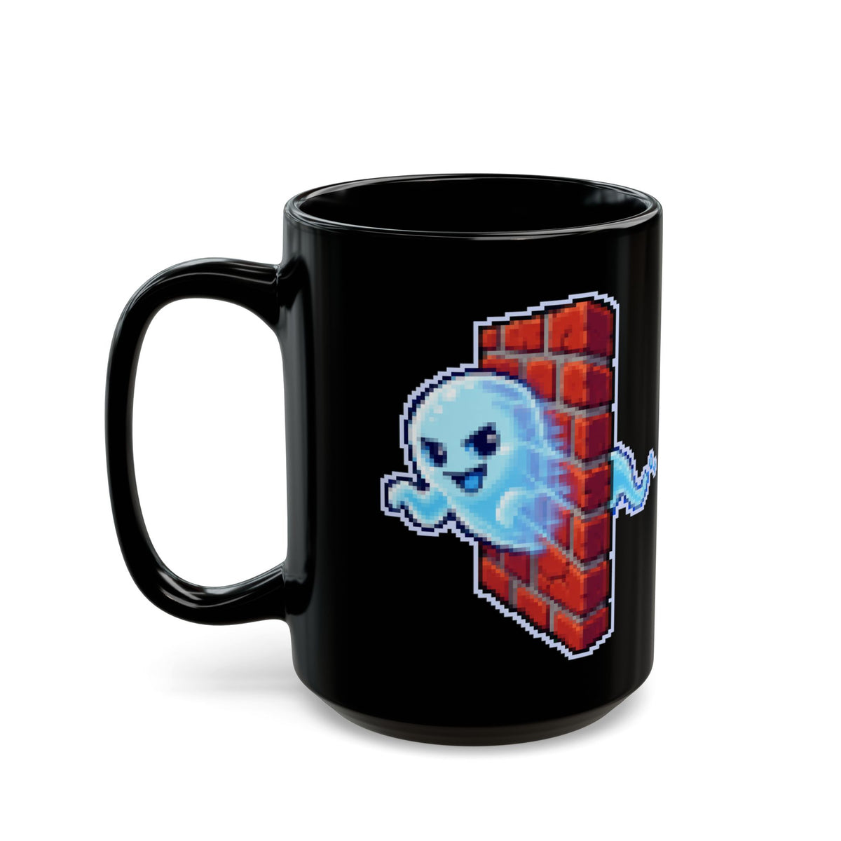 Ghostwall – Quantum Tunnelling pixel-art physics mug, black ceramic, view 7