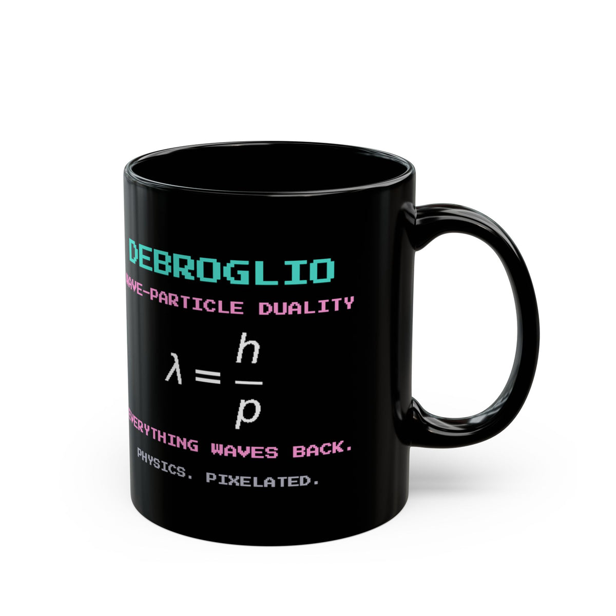 Debroglio – Matter Waves pixel-art physics mug, black ceramic, view 3