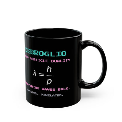 Debroglio – Matter Waves pixel-art physics mug, black ceramic, view 3