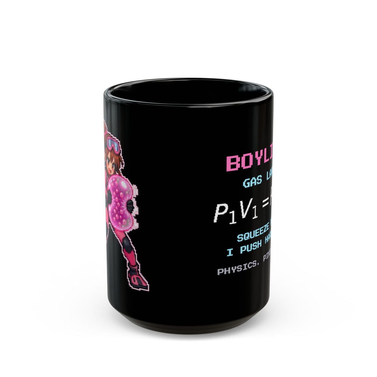 Boylina – Boyle’s Law pixel-art physics mug, black ceramic, view 2