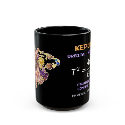 Keplora – Kepler’s Third Law pixel-art physics mug, black ceramic, view 2