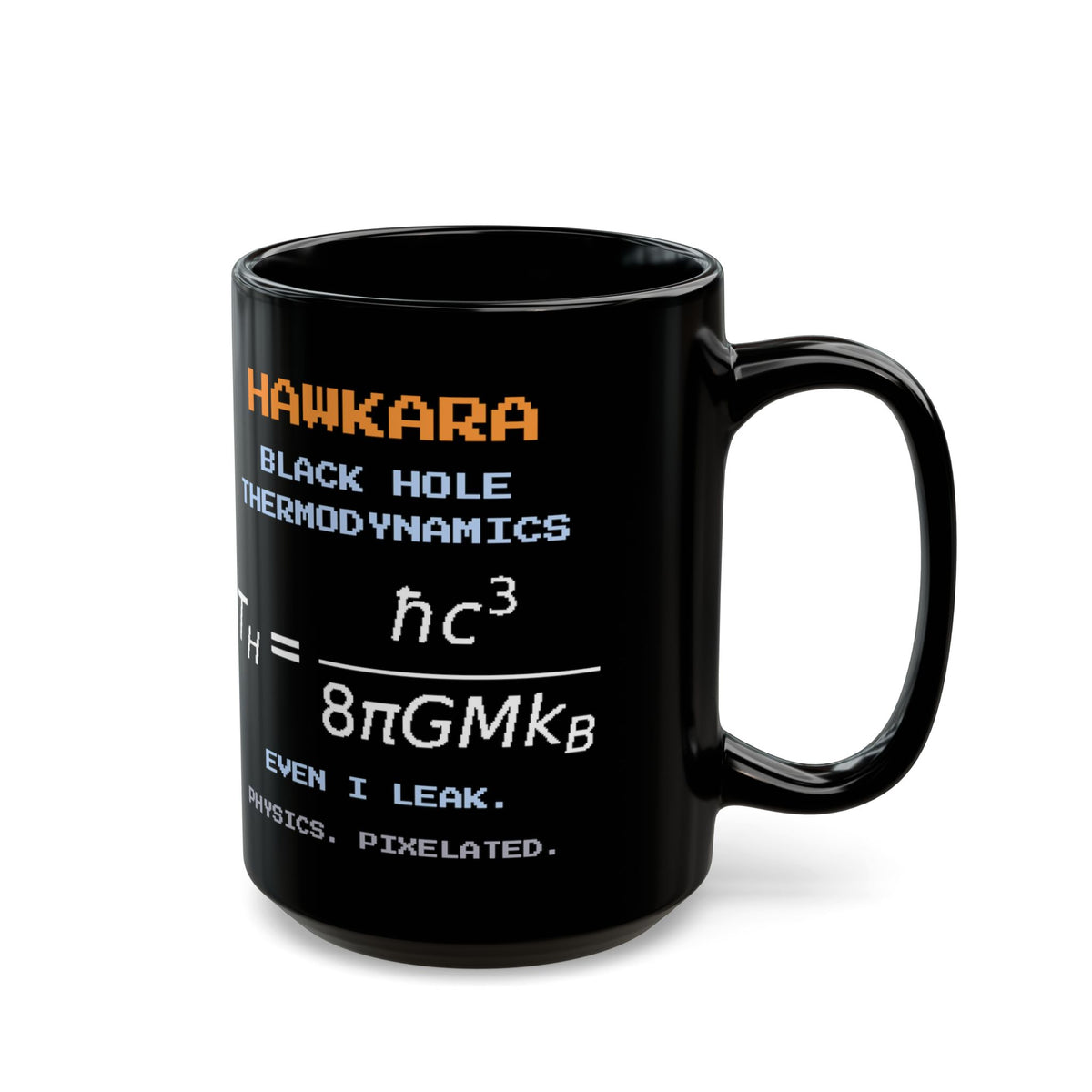Hawkara – Hawking Radiation pixel-art physics mug, black ceramic, view 6
