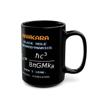Hawkara – Hawking Radiation pixel-art physics mug, black ceramic, view 6