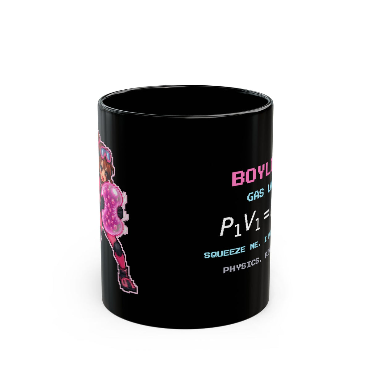 Boylina – Boyle’s Law pixel-art physics mug, black ceramic, view 1
