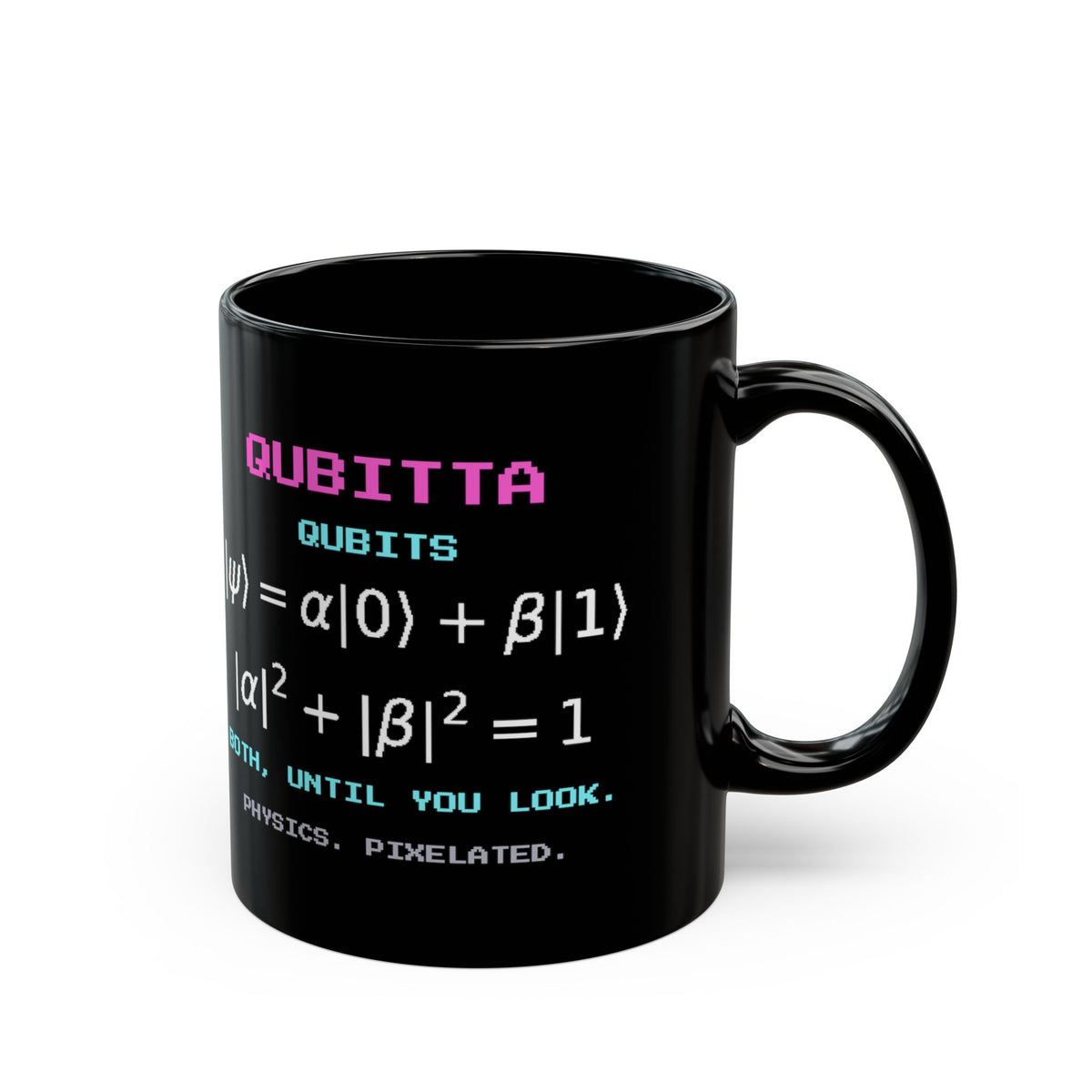 Qubitta – Quantum Superposition pixel-art physics mug, black ceramic, view 3