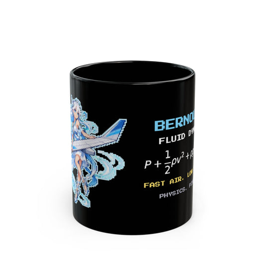 Bernoulla – Bernoulli’s Principle pixel-art physics mug, black ceramic, view 1