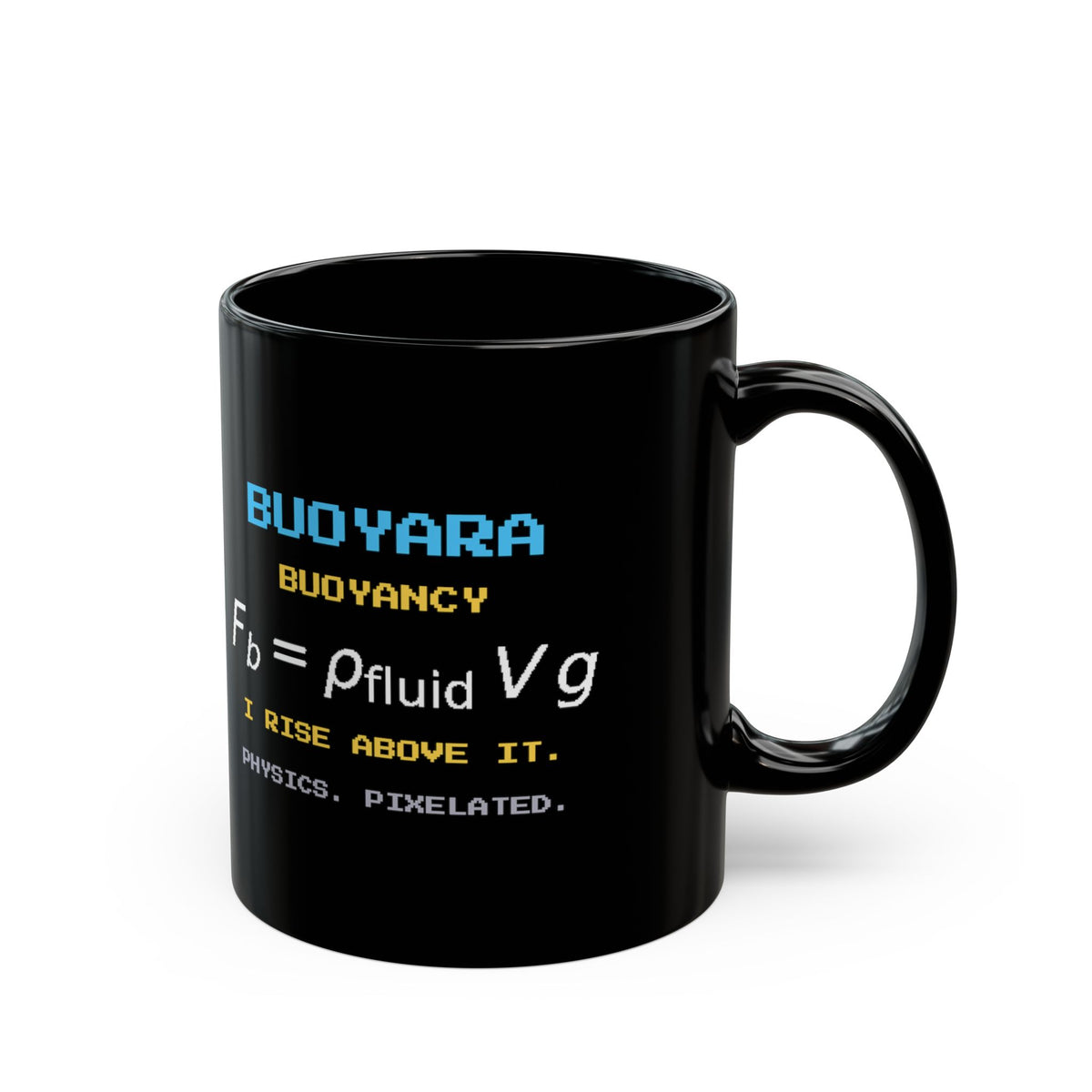Buoyara – Archimedes’ Principle pixel-art physics mug, black ceramic, view 3