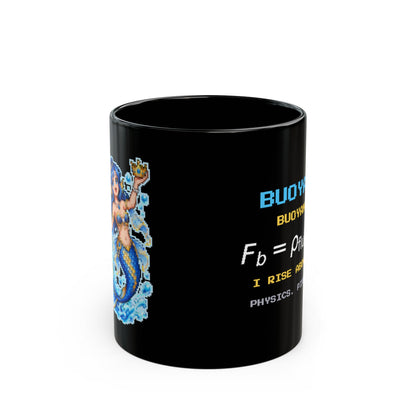 Buoyara – Archimedes’ Principle pixel-art physics mug, black ceramic, view 1