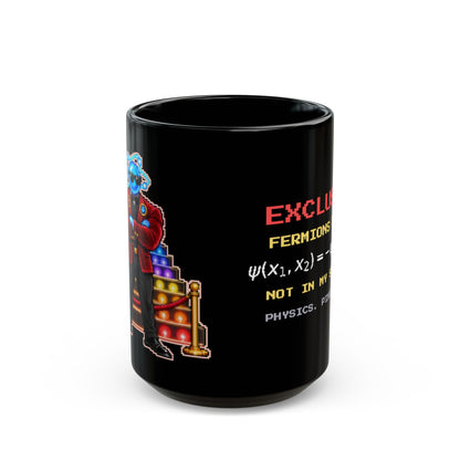Exclusor – Pauli Exclusion pixel-art physics mug, black ceramic, view 2