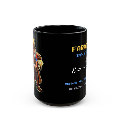 Faradax – Faraday’s Law pixel-art physics mug, black ceramic, view 2