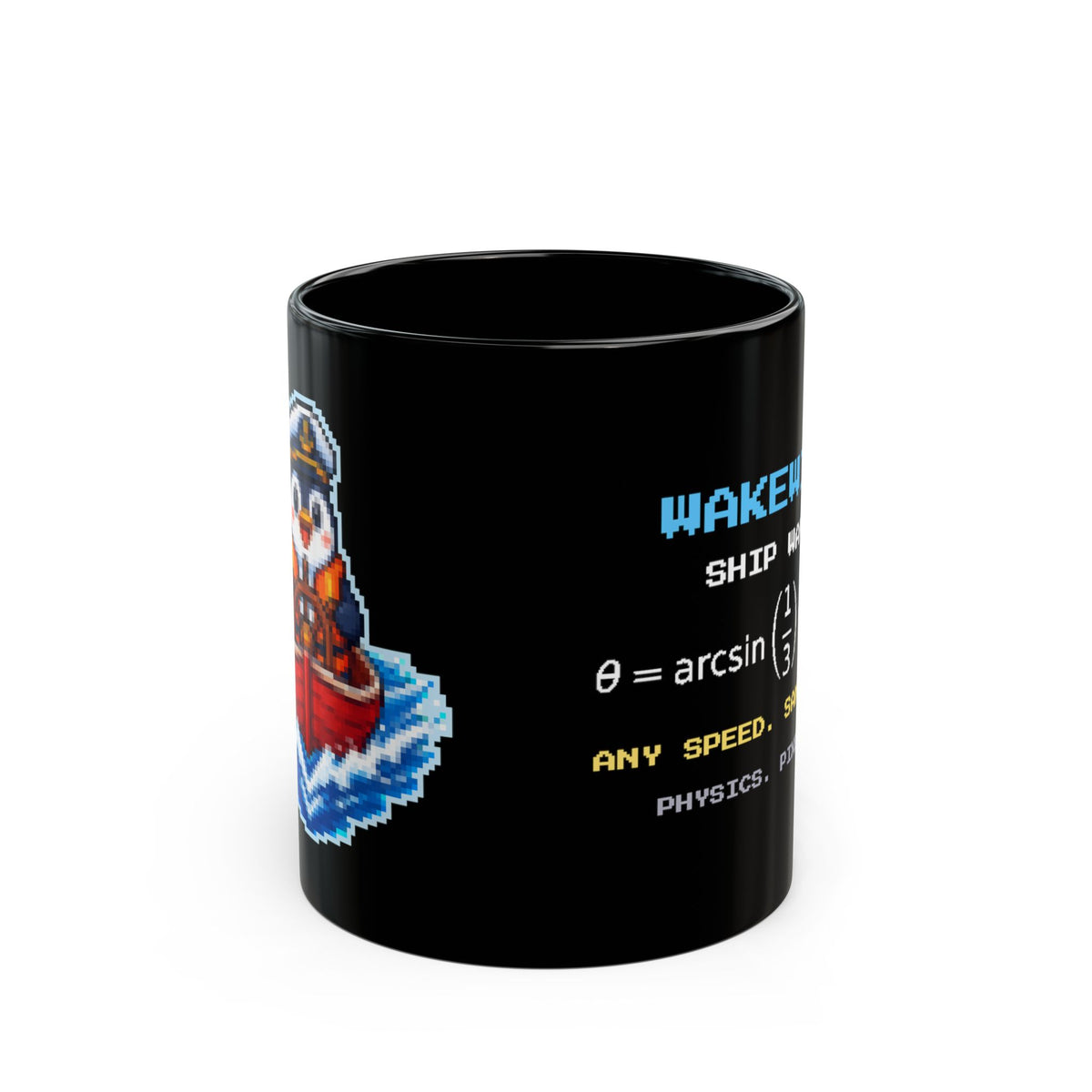 Wakewing – Kelvin Wake pixel-art physics mug, black ceramic, view 1